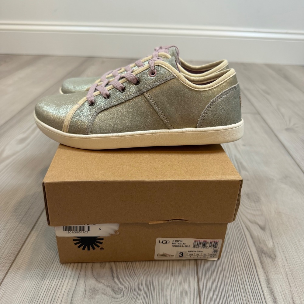NEW UGG K Irvin Metallic Gold Glitter Lace Up Sneakers 1018909K Kids Size 3